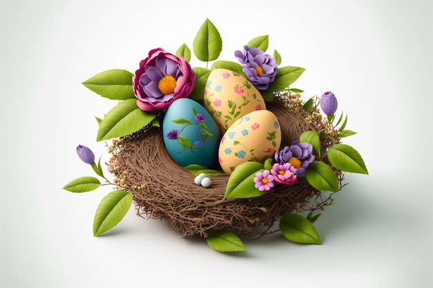 hermosos huevos de Pascua coloridos con flores y hierba sobre fondo blanco