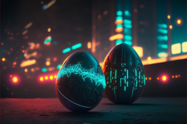 hermosos huevos de Pascua coloridos sobre fondo técnico cyberpunk