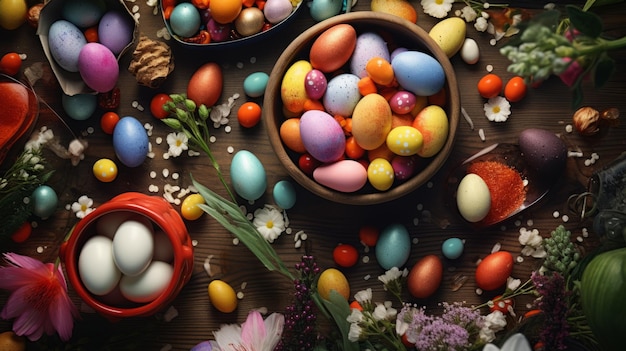 Hermosos huevos de Pascua coloridos sobre mesa de madera Fondo de Pascua