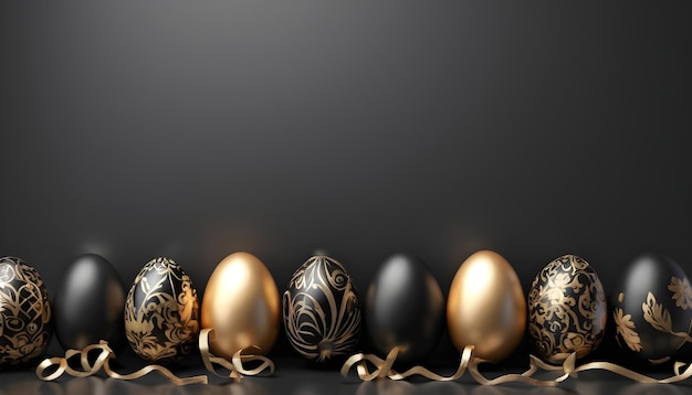 Hermosos huevos de Pascua de fondo dorado y negro