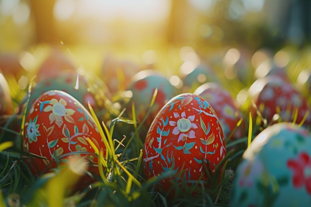 Hermosos huevos de Pascua en fondo de hierba para la celebración de la primavera