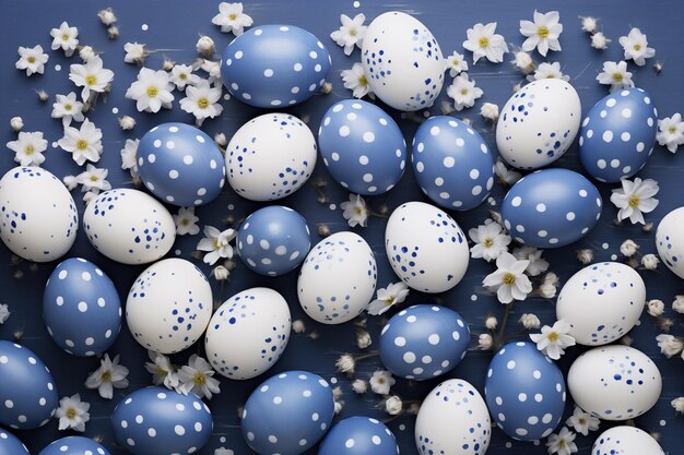 Hermosos huevos de Pascua moteados de azul y blanco con flores blancas sobre una superficie azul oscuro