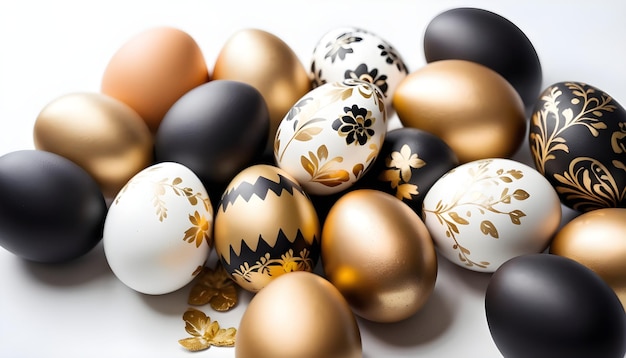 Hermosos huevos de Pascua de oro y fondo blanco y negro