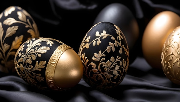 Hermosos huevos de Pascua de oro y negro arte clásico fondo de seda negra