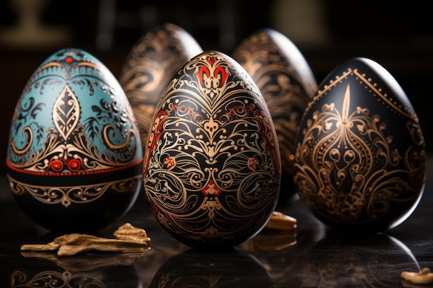 hermosos huevos de Pascua pintados sobre un fondo negro