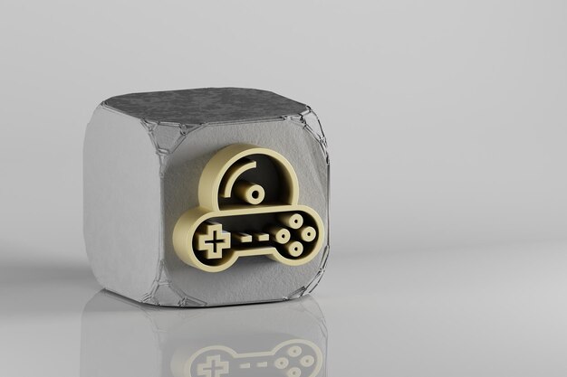 Hermosos íconos de símbolos de estilo retro de videojuegos Golden Joystick en un cubo de hormigón y un dorso de cerámica blanca