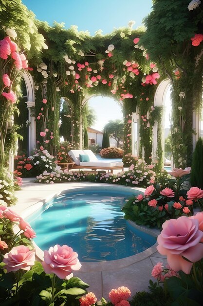 Hermosos jardines con hermosas flores y piscina