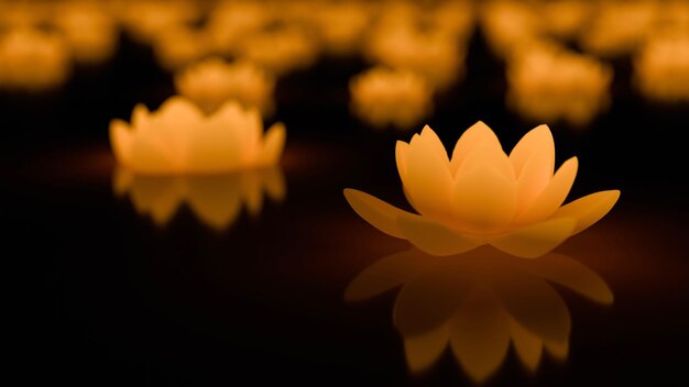 Hermosos krathongs de loto naranja en un río en el festival de Loy Krathong en Tailandia Rendering 3D