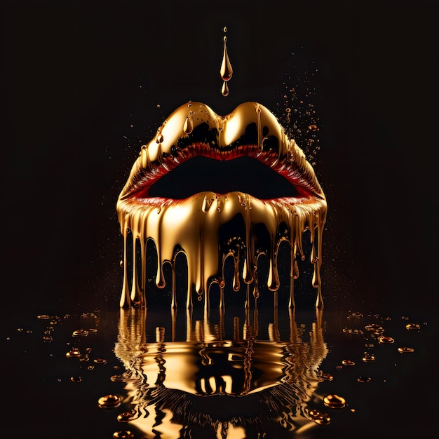 Foto hermosos labios dorados lápiz labial de color dorado labios perfectos primer plano sobre un fondo oscuro gotas de líquido dorado