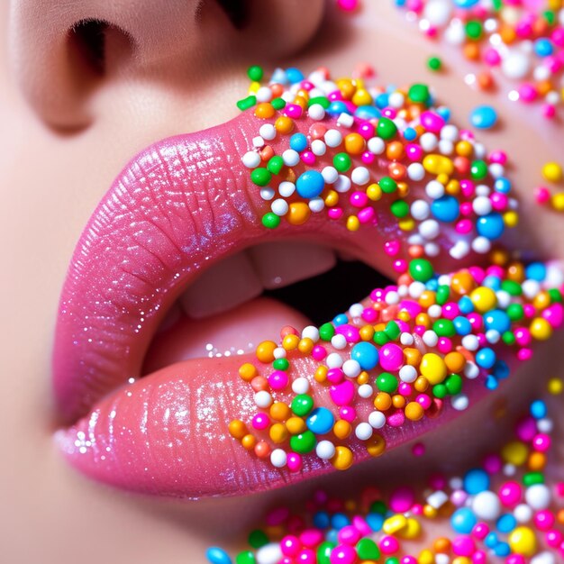 Hermosos labios con lápiz labial rosa y polvo dulce