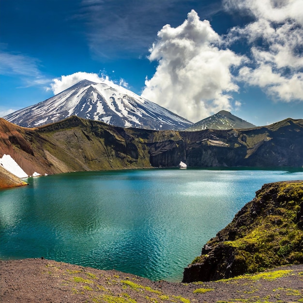 Hermosos lagos dentro de un cráter volcánico las montañas están cubiertas de nieve