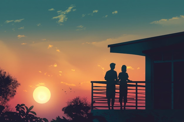 Hermosos lazos familiares y viendo el amanecer juntos desde el balcón rodeados de naturaleza y un horizonte pacífico disfrutando de tiempo de calidad y ocio por la mañana temprano