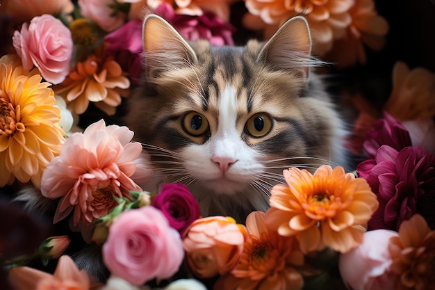 Hermosos y lindos gatos rojos entre las flores IA generativa