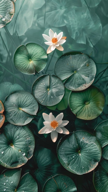 Foto hermosos lirios de agua blancos o flores de loto en la vista superior del estanque