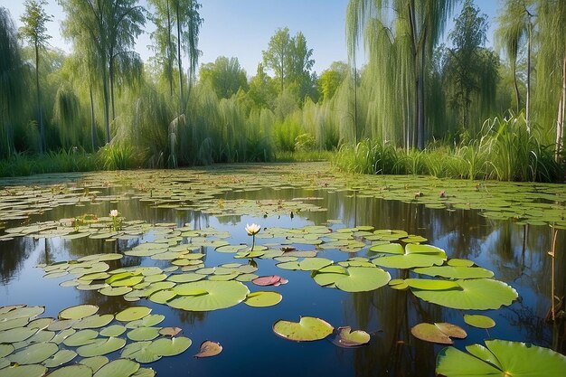 Hermosos lirios de agua crecen en un verano de pantano verde