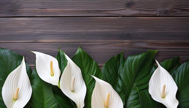 Hermosos lirios blancos y hojas verdes sobre un fondo de madera