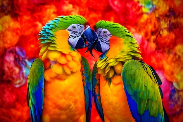 Foto hermosos loros arco iris y flores en un fondo negro red neuronal generada por la ia