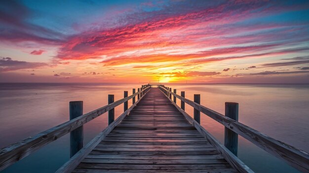 Hermosos muelles de madera junto al océano tranquilo con la hermosa puesta de sol en el horizonte