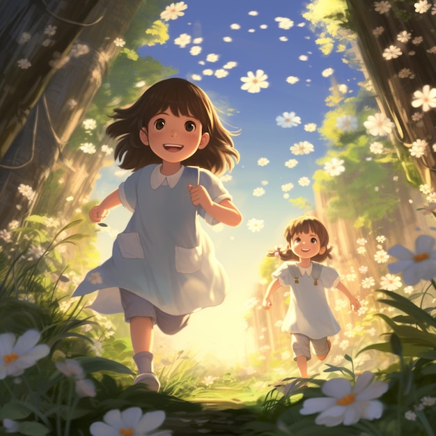 Hermosos niños jugando con flores del bosque iluminación solar papel tapiz imagen Ai generado arte