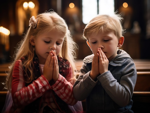 Hermosos niños rezando a Dios dentro de una iglesia