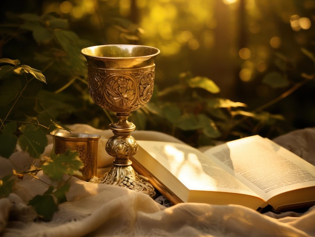 Hermosos objetos de liturgia cáliz de oro y libro abierto Biblia cálido fondo de luz suave Eucaristía