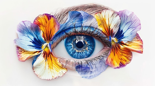 Hermosos ojos de mujer con flores de iris multicolores