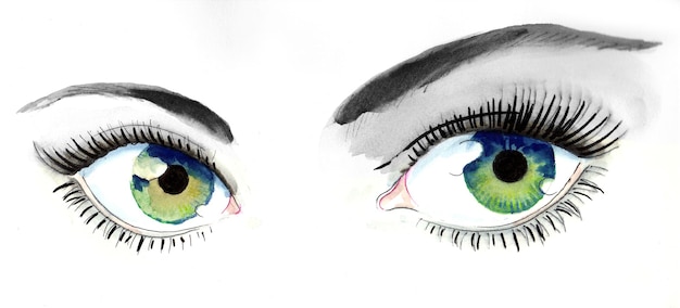 Hermosos ojos verdes. Dibujo a tinta y acuarela