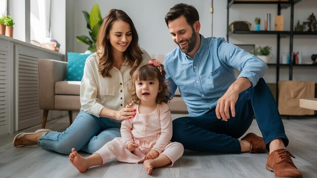 Los hermosos padres con la hija tendida en el suelo