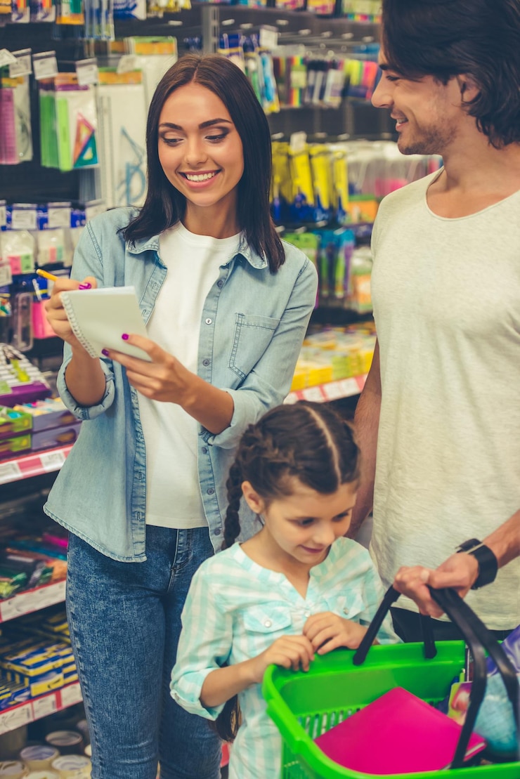 Foto hermosos padres jóvenes y su linda hijita están sonriendo mientras eligen material escolar en el supermercado. mamá está tomando notas en la lista.