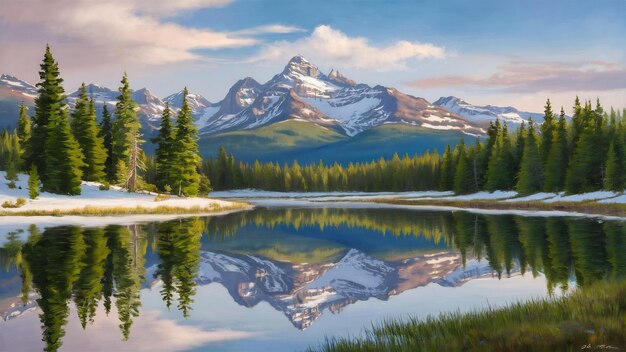 Hermosos paisajes de árboles y altas montañas nevadas que se reflejan en el lago claro