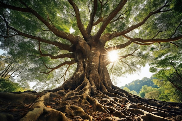 Hermosos paisajes de árboles grandes en el bosque con vistas de ángeles bajos