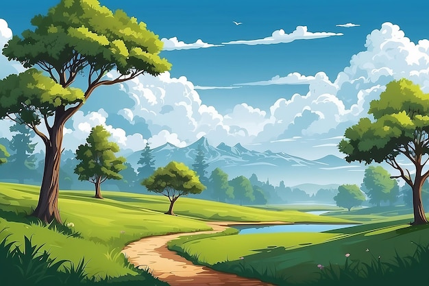 Hermosos paisajes con árboles y nubes Ilustración vectorial