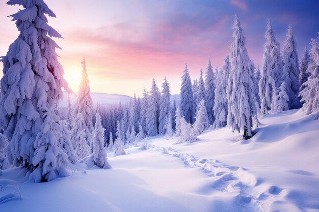 Hermosos paisajes de bosques nevados de invierno en un día soleado y helado