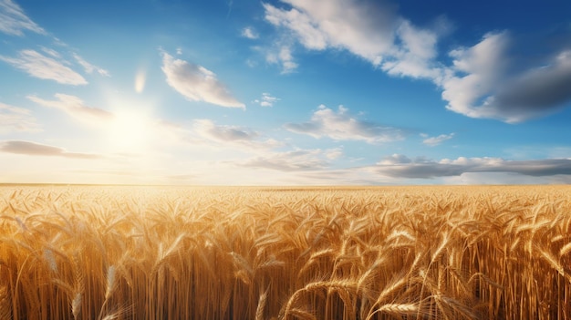 Hermosos paisajes de campos de trigo dorados y fondo de cielo azul en un día soleado Generar imagen de IA