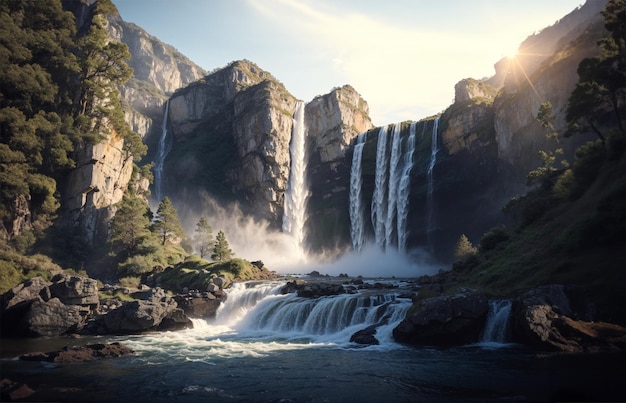 Hermosos paisajes de cascadas por la mañana