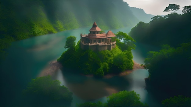 Hermosos paisajes con un castillo en el bosque cerca del agua contra el telón de fondo de montañas y nubes