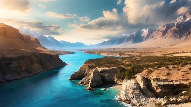 Foto hermosos paisajes costeros con fiordos rodeados de montañas bajo un cielo azul nublado.