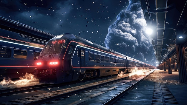 Hermosos paisajes de la estación de tren flotando entre los cometas