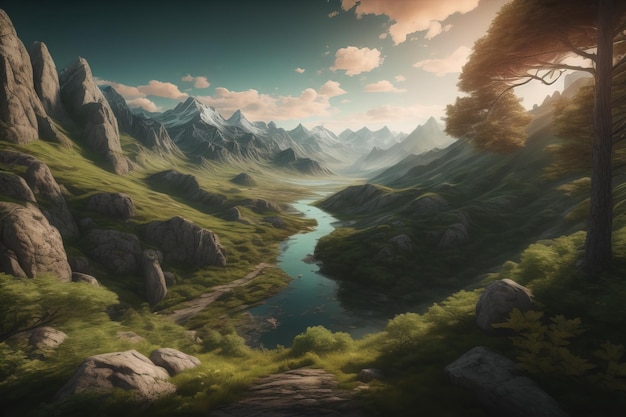 Hermosos paisajes de fantasía con un río en las montañas ai generativo.