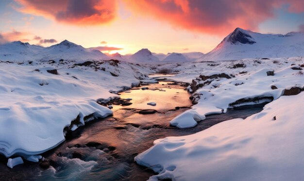 Hermosos paisajes de invierno en Islandia Dramático atardecer sobre un río de montaña
