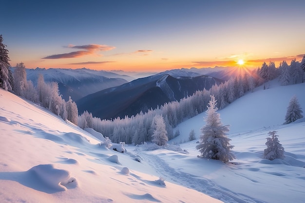 Hermosos paisajes de invierno en las montañas amanecer