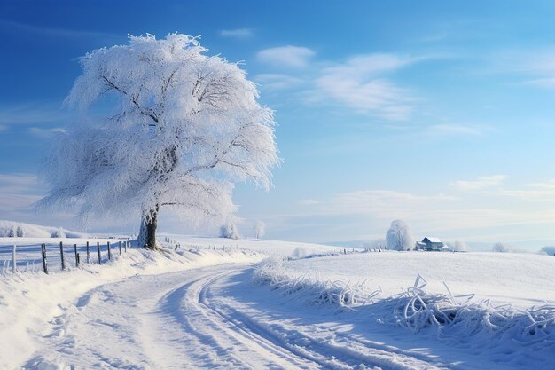 Foto hermosos paisajes de invierno con una valla de madera y árboles gruesos