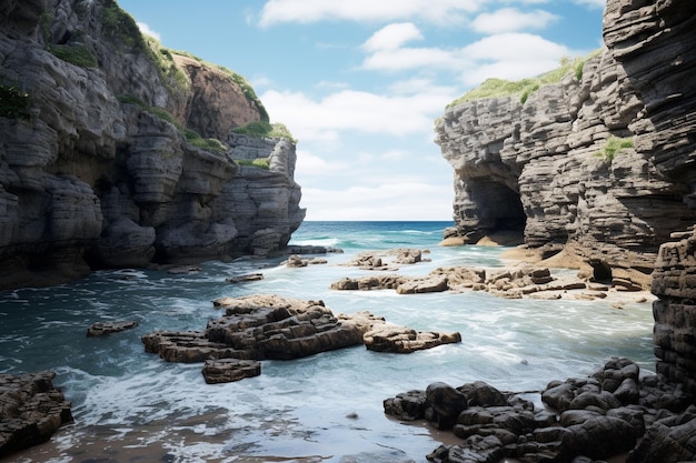 Hermosos paisajes marinos con acantilados y olas 3D generado por Ai