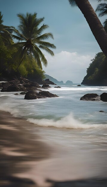 Hermosos paisajes marinos con palmeras y olas en la playa