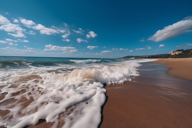 Hermosos paisajes marinos panorámicos con olas de surf contra un cielo azul soleado con nubes Ai Generative