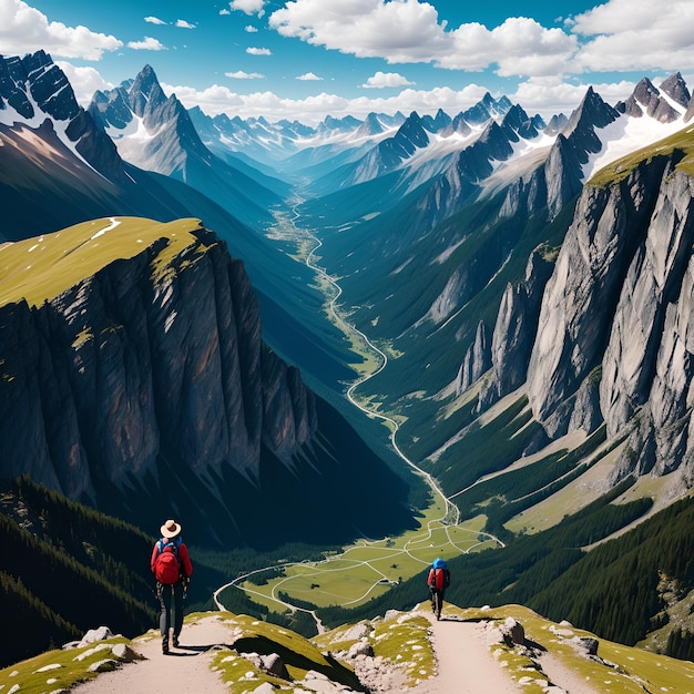 Foto hermosos paisajes de montaña dos excursionistas en un sendero de montaña