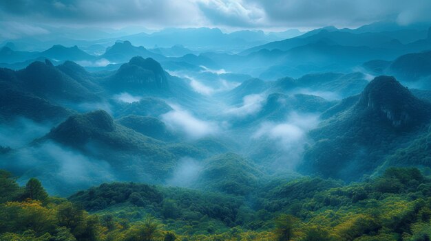 Hermosos paisajes de montaña con niebla Fondo de la naturaleza Renderizado en 3D IA generativa