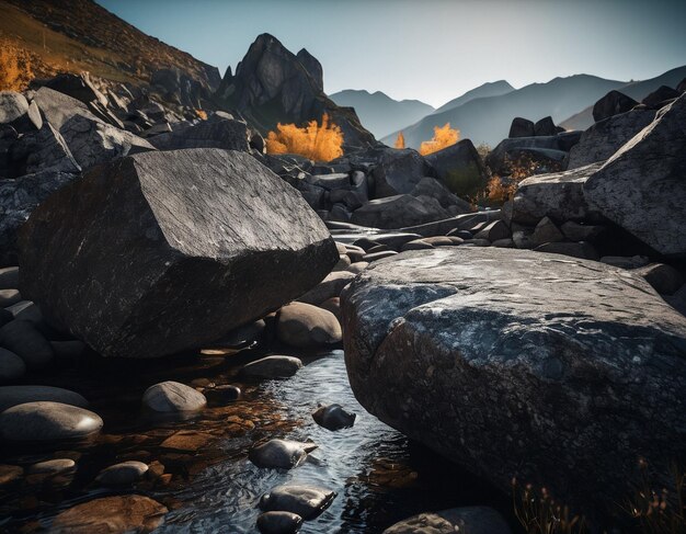 Foto hermosos paisajes montañosos cinematográficos con mármol negro y granito ilustración de alta calidad