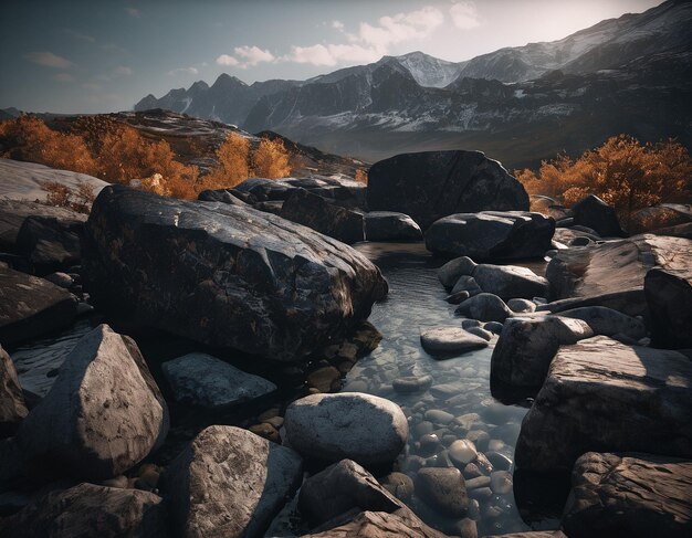 Foto hermosos paisajes montañosos cinematográficos con mármol negro y granito ilustración de alta calidad