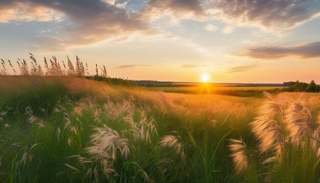 Foto hermosos paisajes naturales panorámicos de campo floreciendo hierba alta silvestre en la naturaleza al atardecer cálido